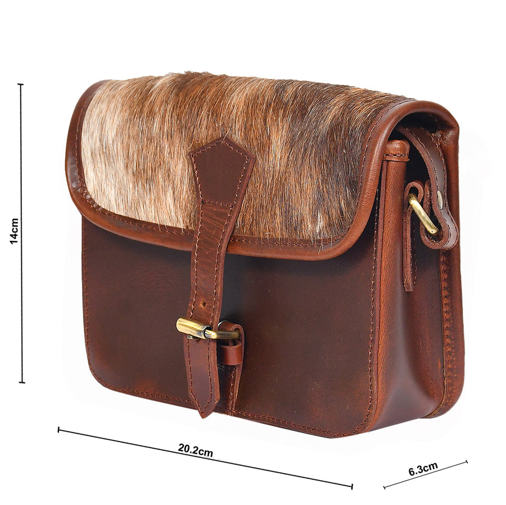 Womens Leather Sling Bag with Brown Hairon Flap  Small Crossbody Satchel
