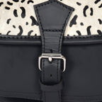 Black Leather Sling Bag with Printed Animal Pattern Flap