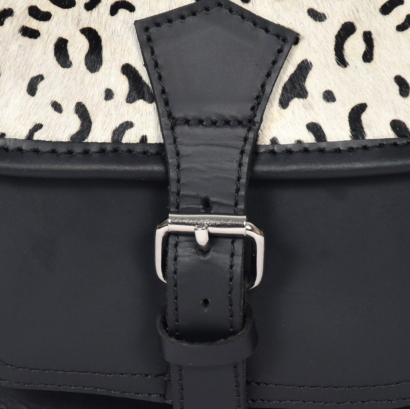 Black Leather Sling Bag with Printed Animal Pattern Flap