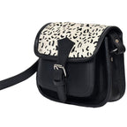 Black Leather Sling Bag with Printed Animal Pattern Flap