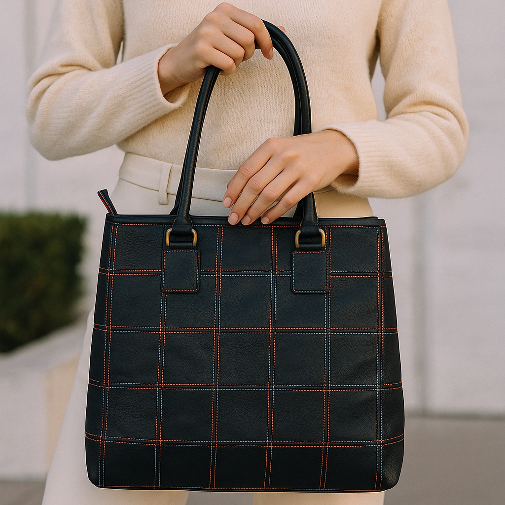 Premium Women Black Leather Tote Bag with Red Stitch Grid and Spacious Interior