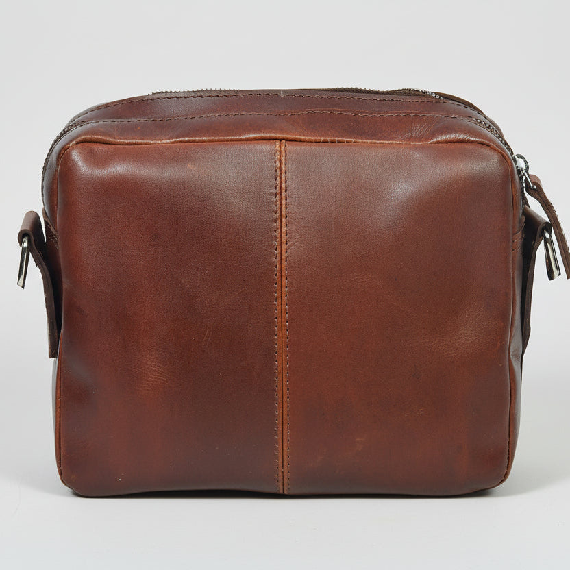 Unisex Full Grain Leather Crossbody Bag with Dual Zipper Compartments