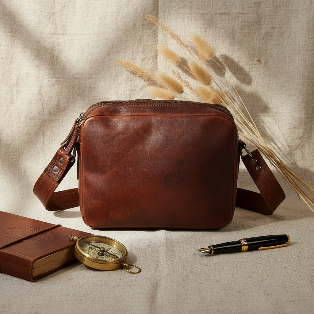 Unisex Full Grain Leather Crossbody Bag with Dual Zipper Compartments