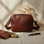 Unisex Full Grain Leather Crossbody Bag with Dual Zipper Compartments