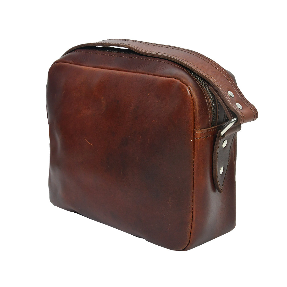 Unisex Full Grain Leather Crossbody Bag with Dual Zipper Compartments