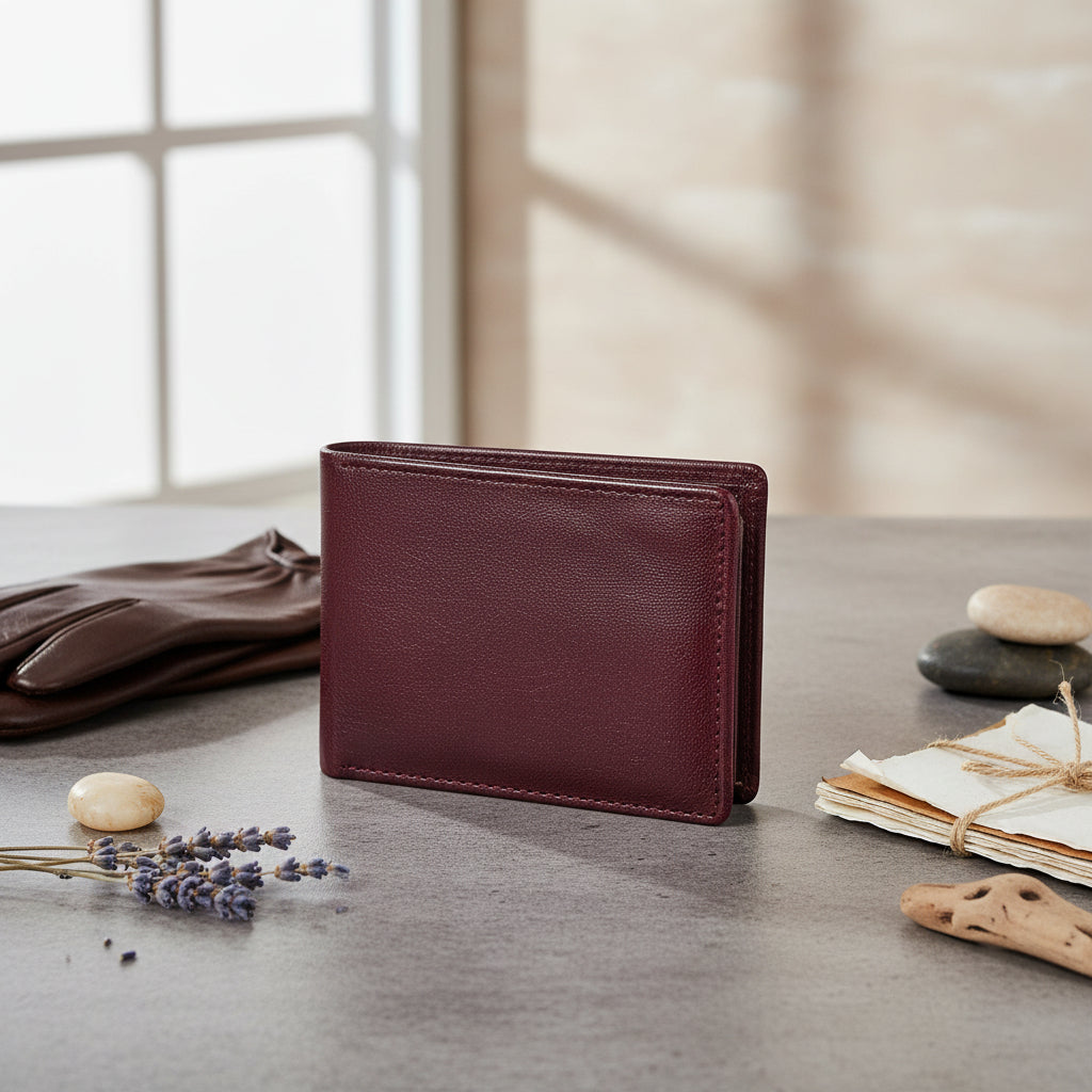 Premium Genuine Leather Bi-Fold Wallet with ID Window & Multiple Card Slots