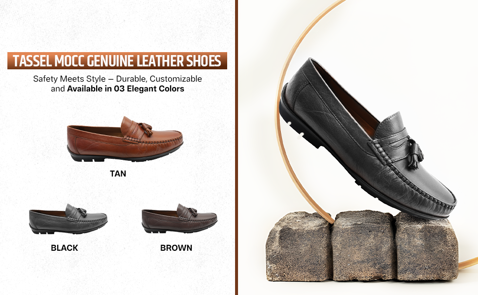 Men’s Tassel Mocc Genuine Tan Leather Loafers – Handstitched Slip-On Shoes with Cushioned Insole & Durable TPR Sole