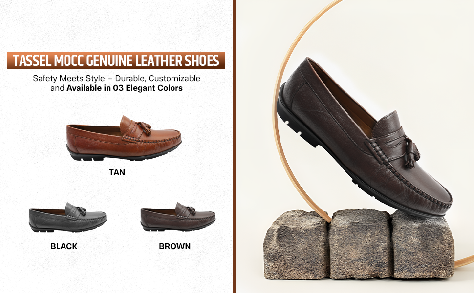 Men’s Tassel Mocc Genuine Tan Leather Loafers – Handstitched Slip-On Shoes with Cushioned Insole & Durable TPR Sole