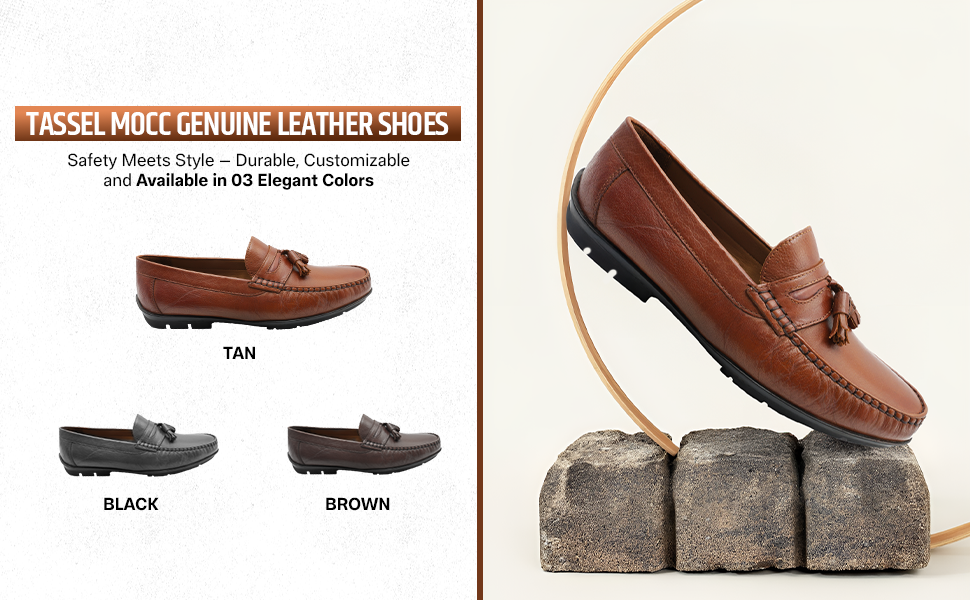 Men’s Tassel Mocc Genuine Tan Leather Loafers – Handstitched Slip-On Shoes with Cushioned Insole & Durable TPR Sole