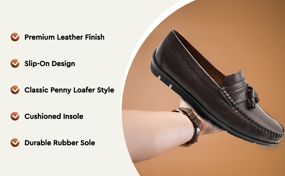 Men’s Tassel Mocc Genuine Tan Leather Loafers – Handstitched Slip-On Shoes with Cushioned Insole & Durable TPR Sole