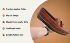 Men’s Tassel Mocc Genuine Tan Leather Loafers – Handstitched Slip-On Shoes with Cushioned Insole & Durable TPR Sole