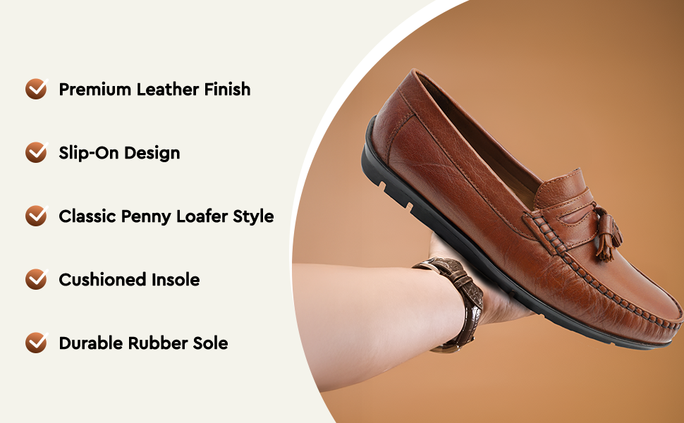 Men’s Tassel Mocc Genuine Tan Leather Loafers – Handstitched Slip-On Shoes with Cushioned Insole & Durable TPR Sole