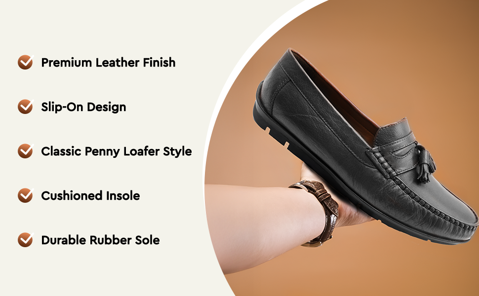 Men’s Tassel Mocc Genuine Tan Leather Loafers – Handstitched Slip-On Shoes with Cushioned Insole & Durable TPR Sole