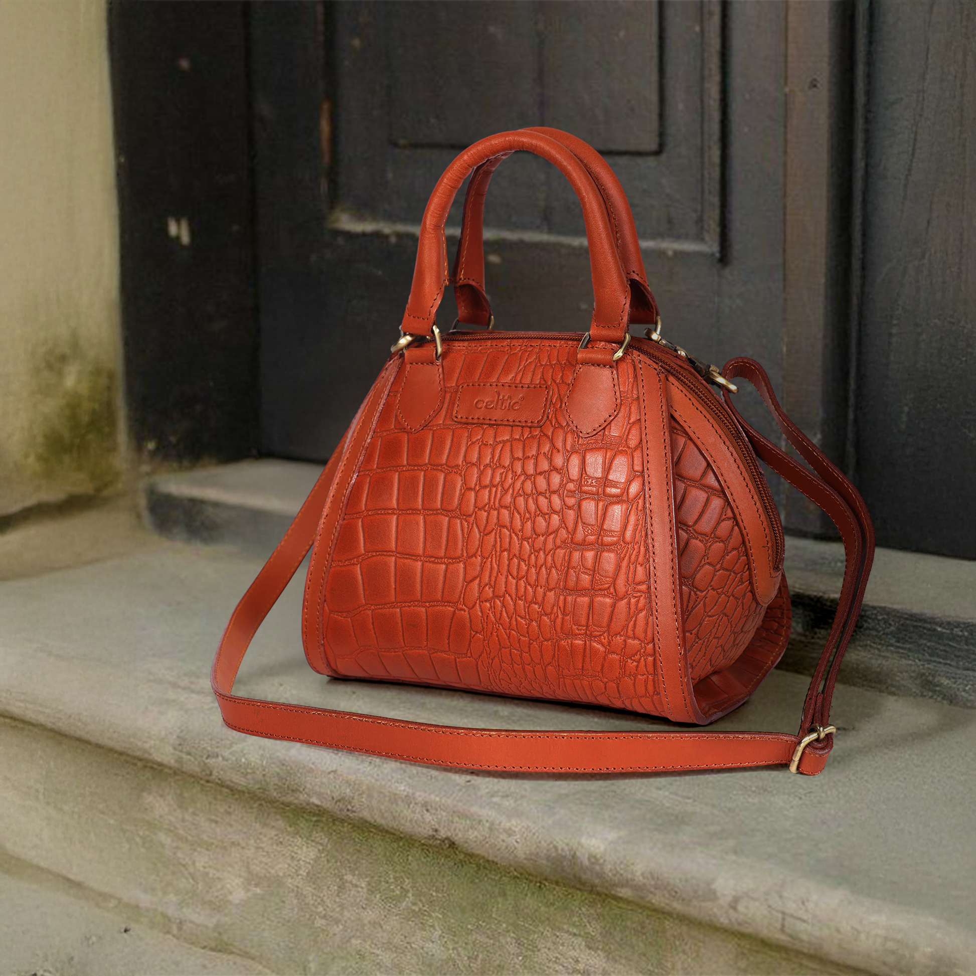 Premium Textured Leather Dome Satchel with Dual Handles, Detachable Strap & Zip Pockets