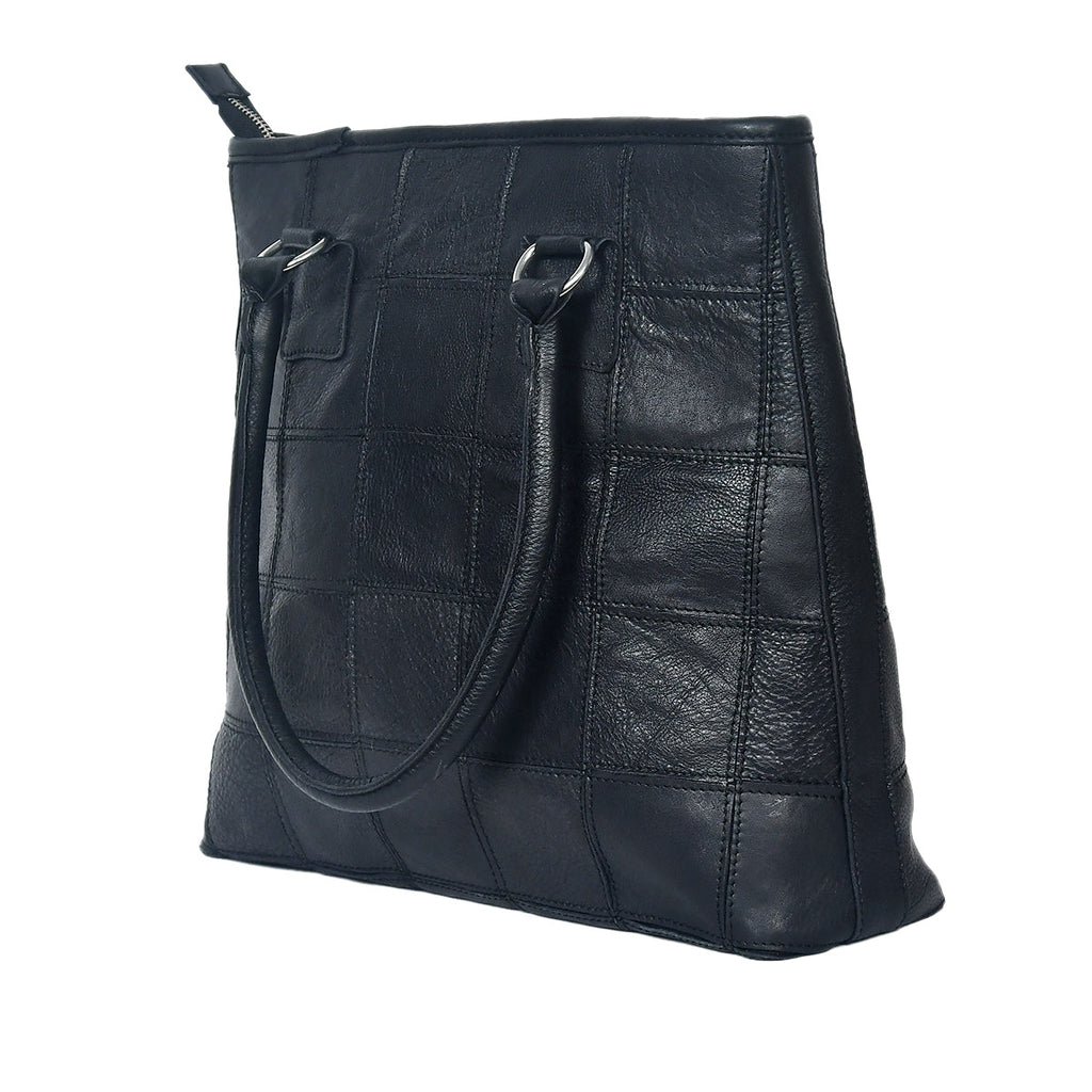 Women Black Leather Tote Bag with Patchwork Design and Spacious Interior
