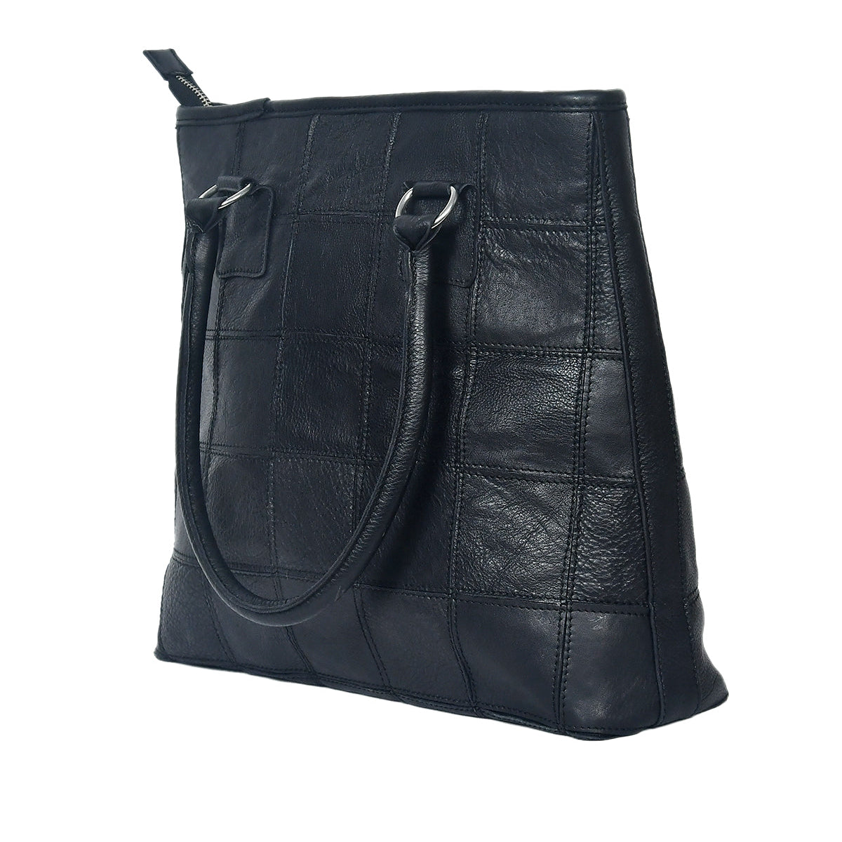 Women Black Leather Tote Bag with Patchwork Design and Spacious Interior
