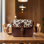 Premium  Brown Leather  Small Crossbody Bag with Leopard Print Flap