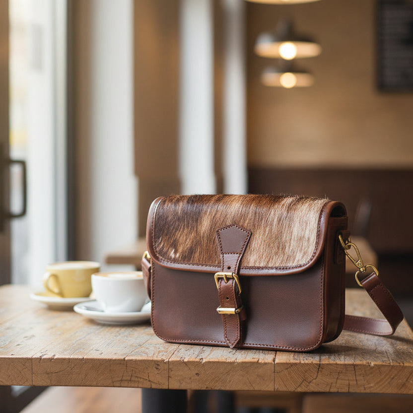 Womens Leather Sling Bag with Brown Hairon Flap  Small Crossbody Satchel