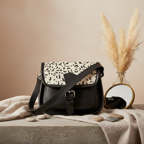 Black Leather Sling Bag with Printed Animal Pattern Flap