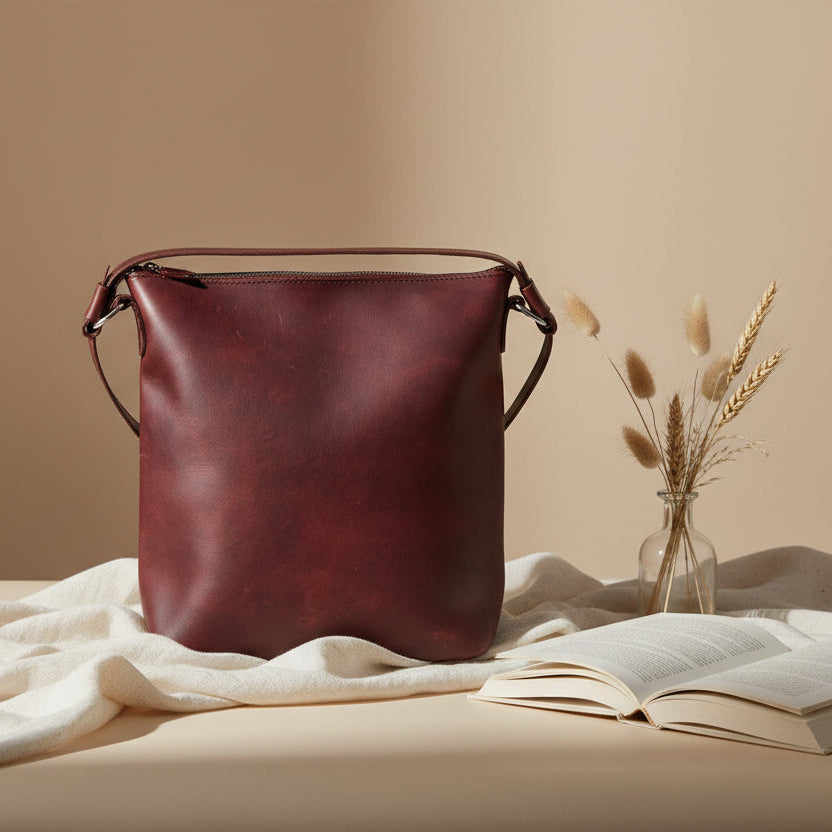 Vintage Brown Full-Grain Leather Shoulder & Crossbody Tote with Zipper Closure