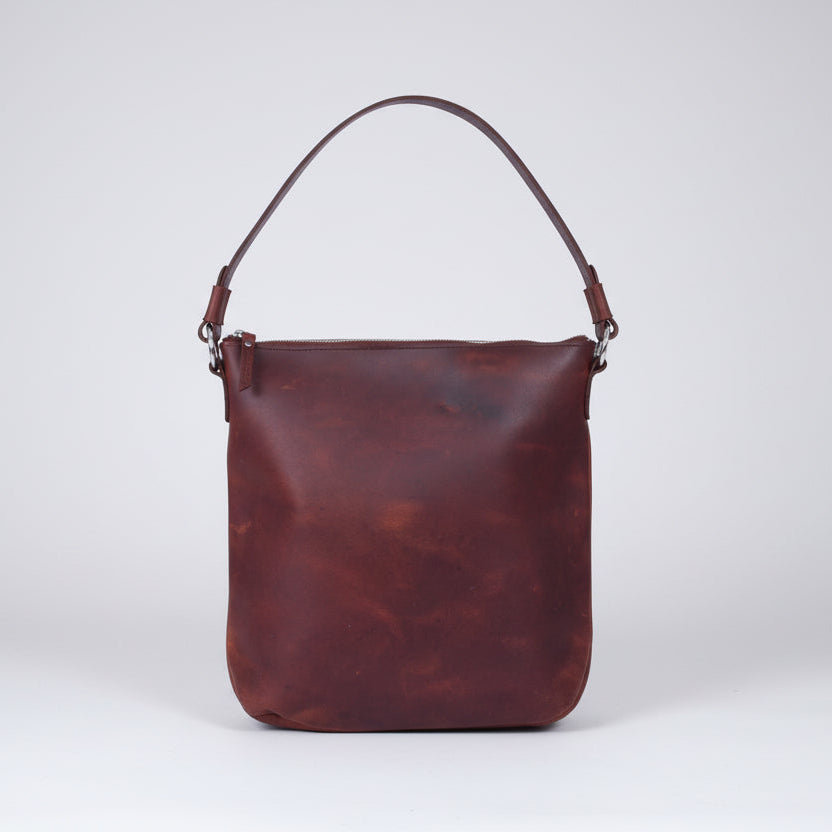 Vintage Brown Full-Grain Leather Shoulder & Crossbody Tote with Zipper Closure