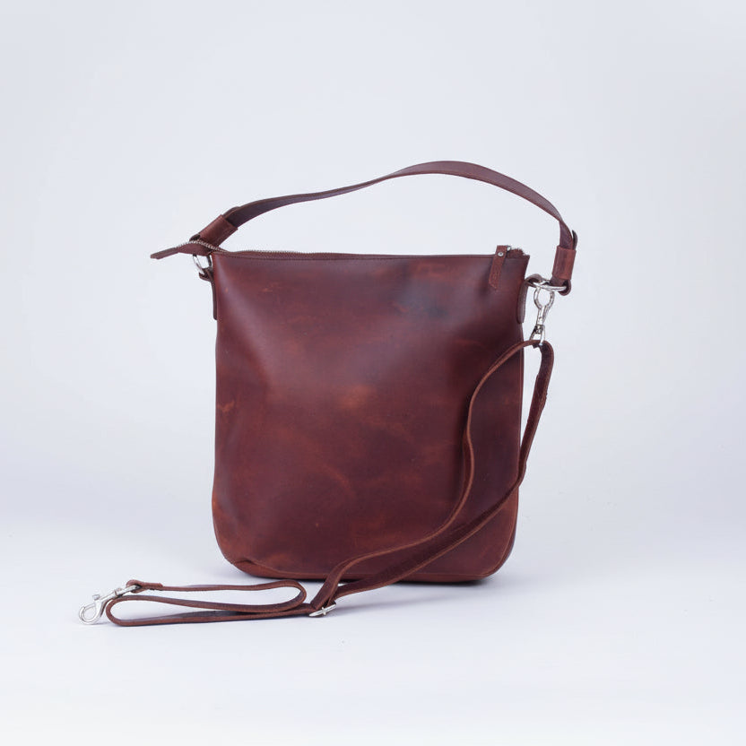 Vintage Brown Full-Grain Leather Shoulder & Crossbody Tote with Zipper Closure