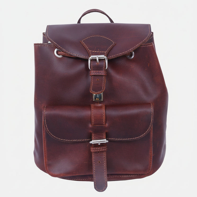 Vintage Brown Leather Drawstring Backpack with Front Buckle Pocket