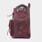 Vintage Brown Leather Drawstring Backpack with Front Buckle Pocket