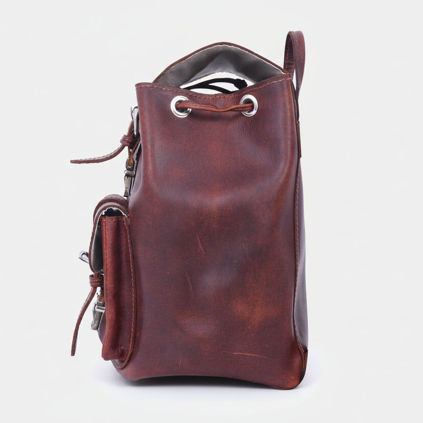 Vintage Brown Leather Drawstring Backpack with Front Buckle Pocket