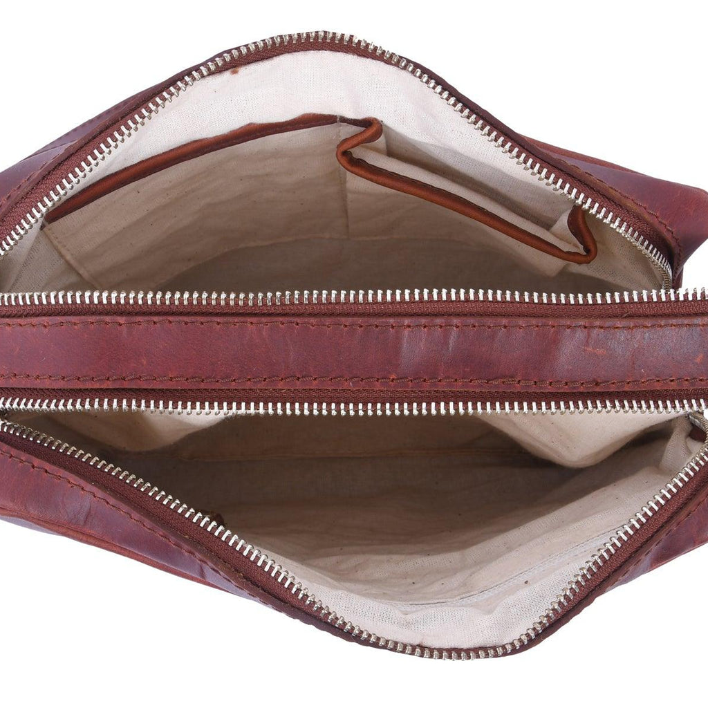 Vintage Leather Crossbody Bag with Dual Zipper Compartments for Everyday Use
