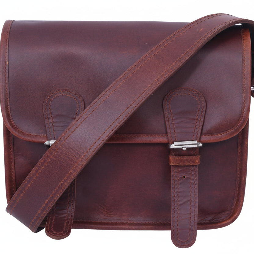 Full-Grain Leather Small Messenger Bag with Dual Buckle Closure & Canvas Lining