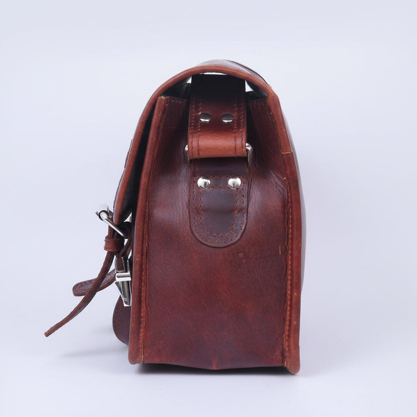 Full-Grain Leather Small Messenger Bag with Dual Buckle Closure & Canvas Lining