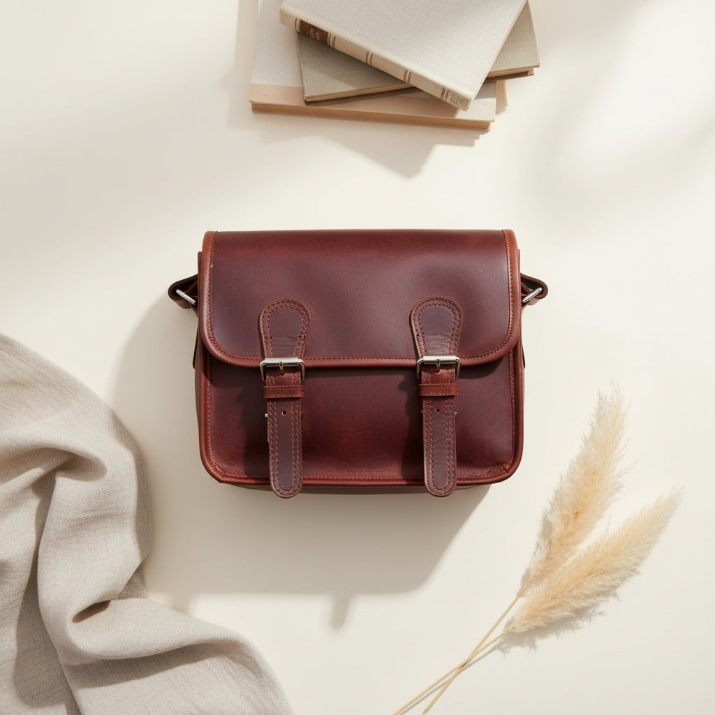 Full-Grain Leather Small Messenger Bag with Dual Buckle Closure & Canvas Lining