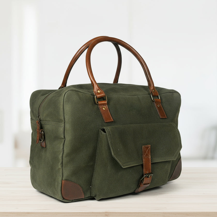 Olive Green Canvas Duffle Bag with Leather Trim Travel, Gym & Weekend Carry Bag