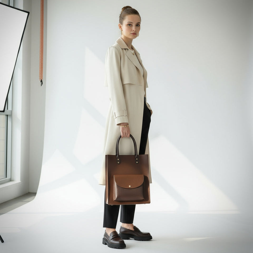 Structured Leather Shopper Tote Bag with Front Pocket and Dual Handles