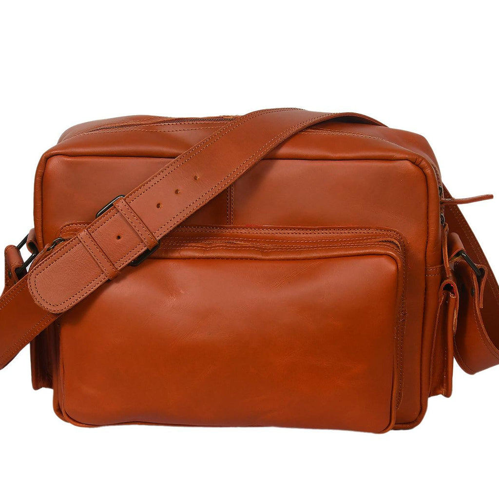 Premium Leather Travel Messenger Bag with Multi-Pockets & Adjustable Strap