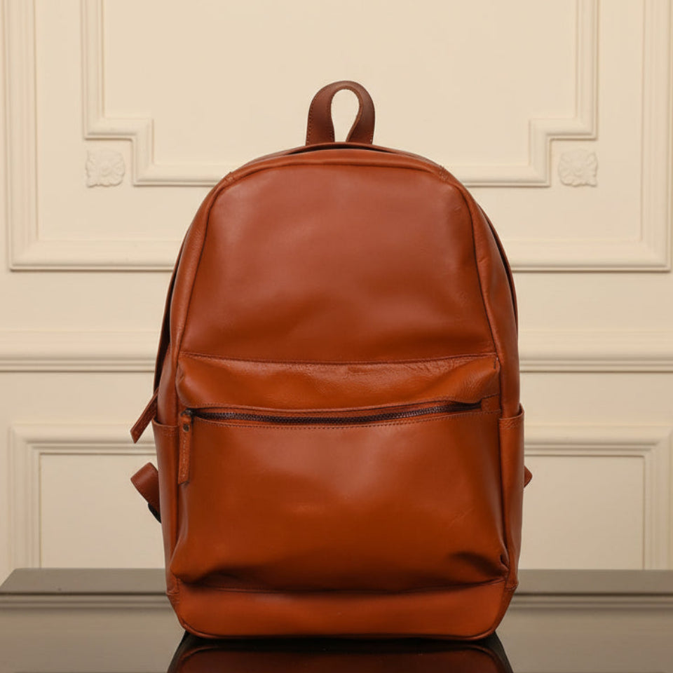 Premium Leather Everyday Backpack with Front Zip Pocket & Padded Adjustable Straps