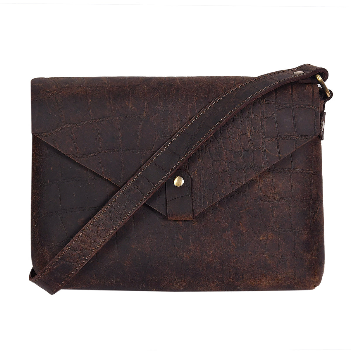 Vintage Croc-Textured Brown Leather Crossbody Sling Bag
