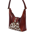 Brown Leather Shoulder Bag with Leopard-Print Hairon Panel – Elegant & Compact Handbag