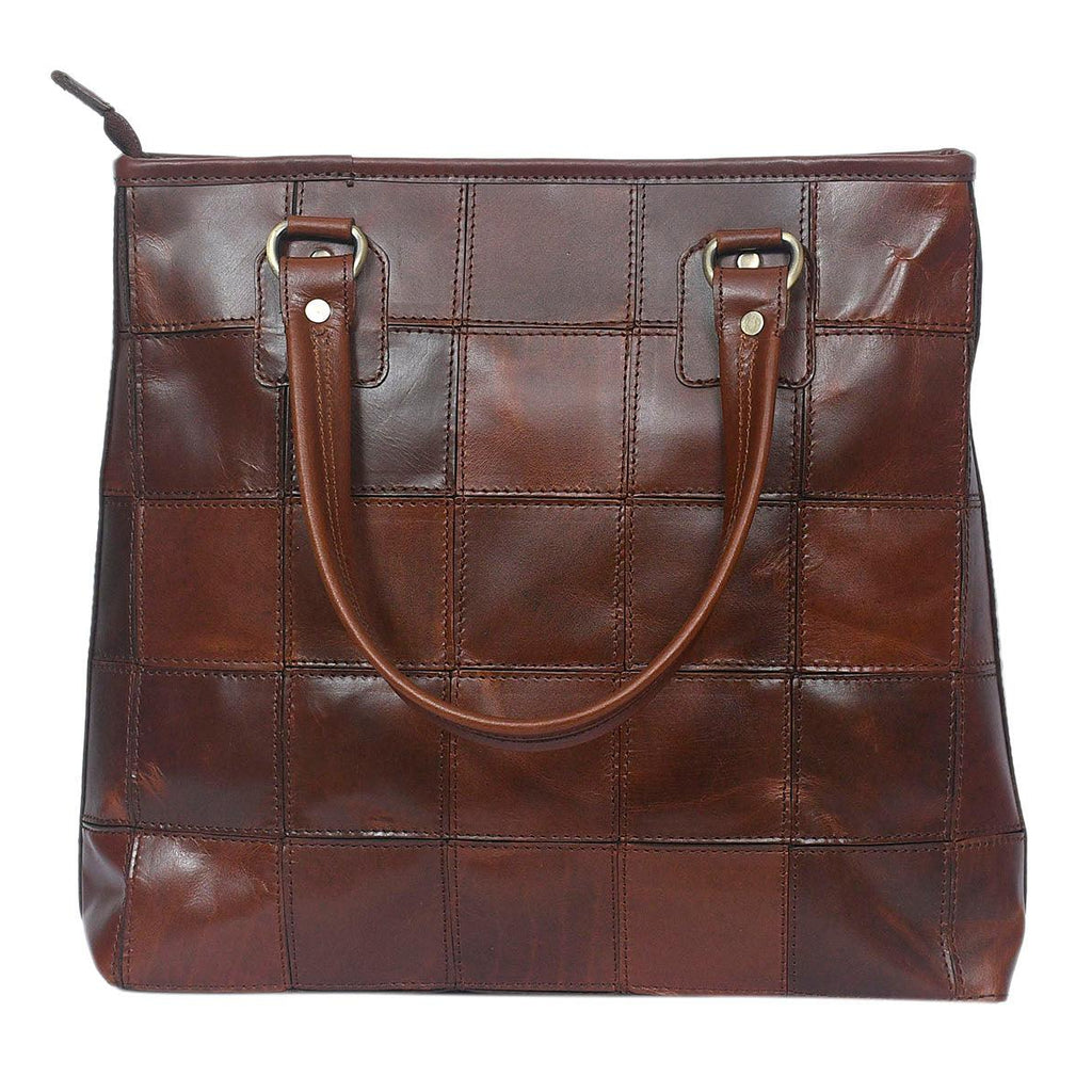 Genuine Leather Brown Tote Bag with Patchwork Design and Top Zip Closure