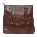 Genuine Leather Brown Tote Bag with Patchwork Design and Top Zip Closure