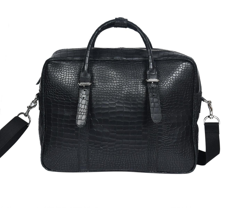 Premium Croc-Textured Black Leather Office Laptop Bag with Adjustable Shoulder Strap