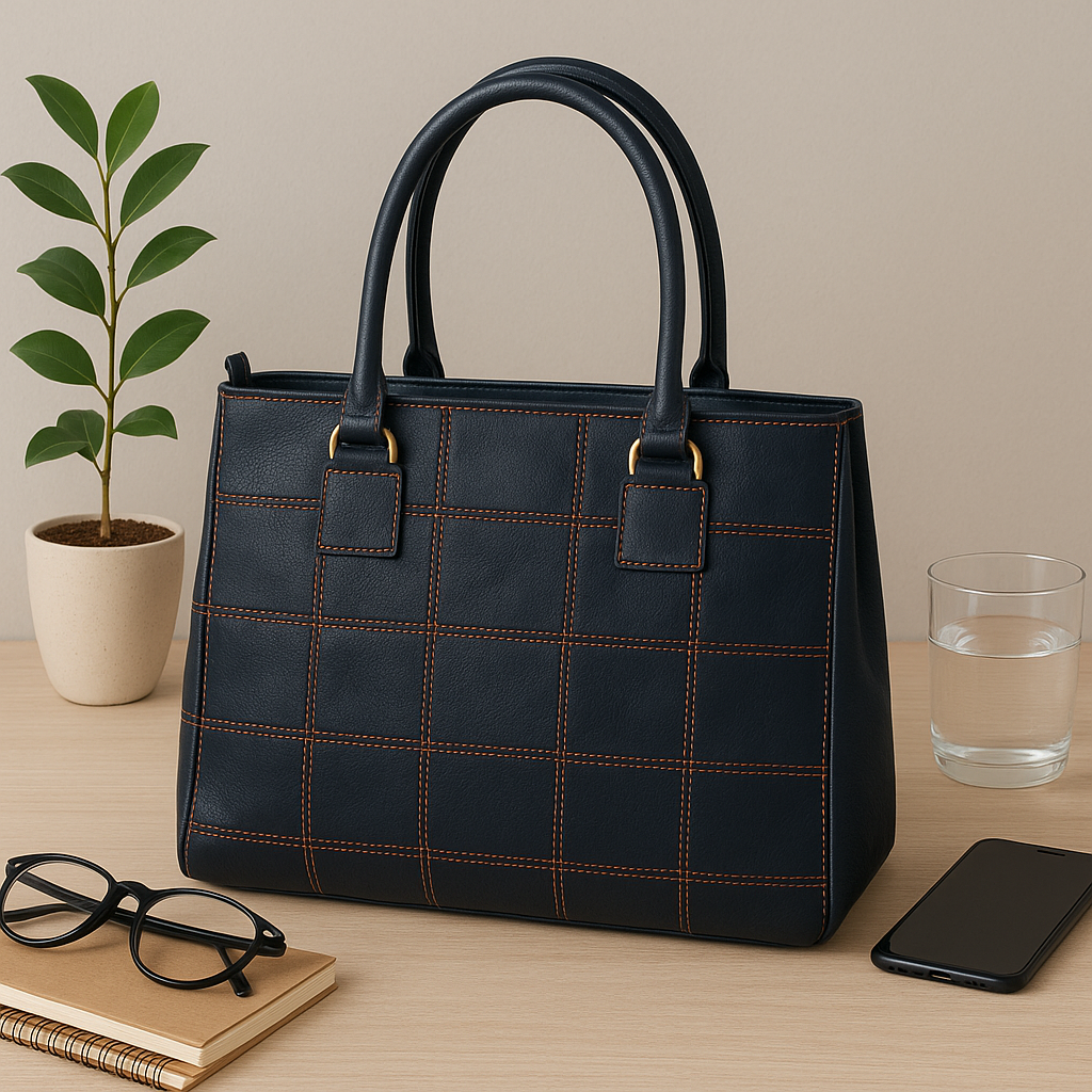 Premium Women Black Leather Tote Bag with Red Stitch Grid and Spacious Interior