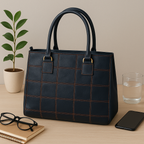 Premium Women Black Leather Tote Bag with Red Stitch Grid and Spacious Interior
