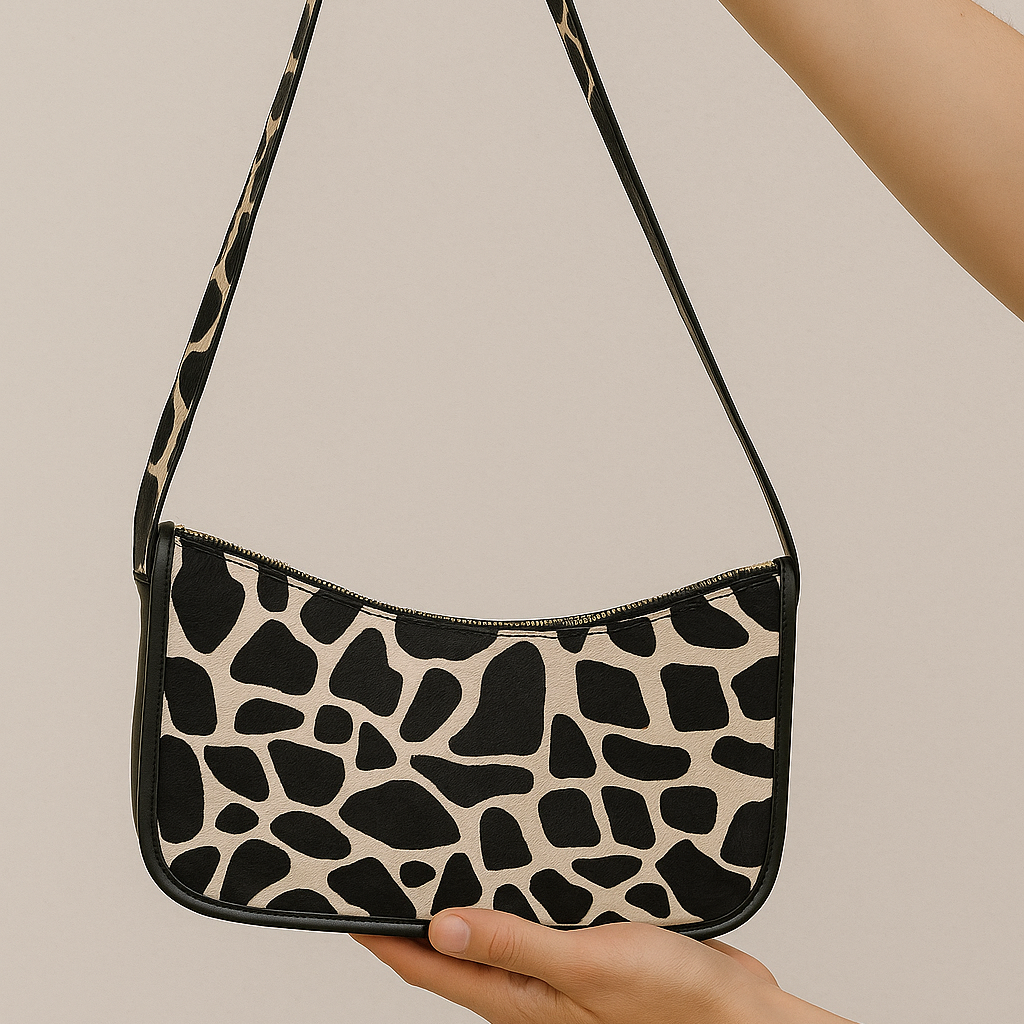 Zebra Print Hair-On Leather Baguette Shoulder Bag with Zip Closure & Inner Pocket