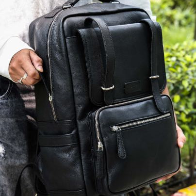 Premium Full-Grain Leather Laptop Backpack with Multi-Zip Compartments & Top Handle