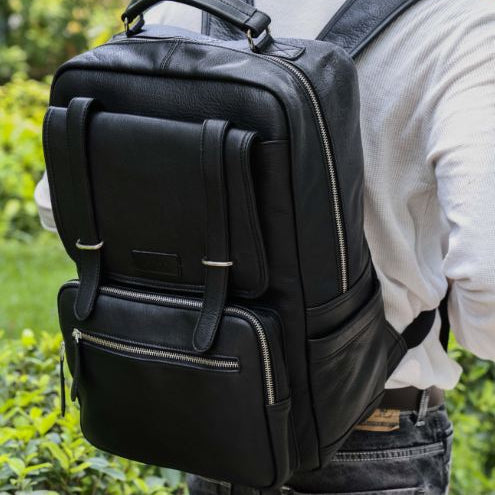 Premium Full-Grain Leather Laptop Backpack with Multi-Zip Compartments & Top Handle