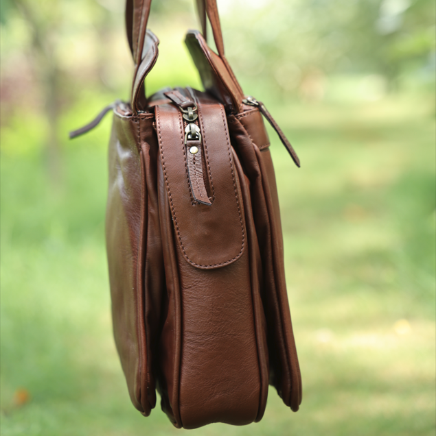 Premium Genuine Leather Structured Shoulder Bag with Dual Zip Compartments & Fixed Straps