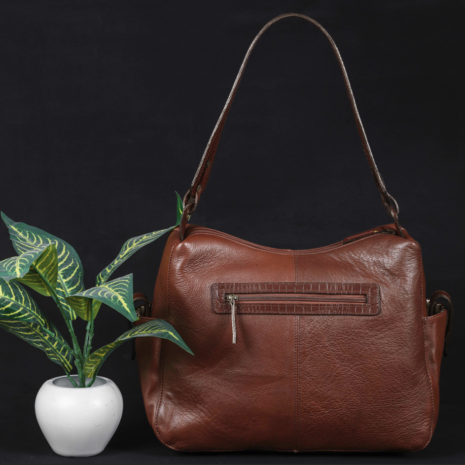 Premium Soft Leather Hobo Shoulder Bag with Zippered Pockets & Fixed Strap