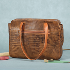 Premium Croc-Embossed Leather Tote Bag with Zip Compartments & Long Shoulder Straps